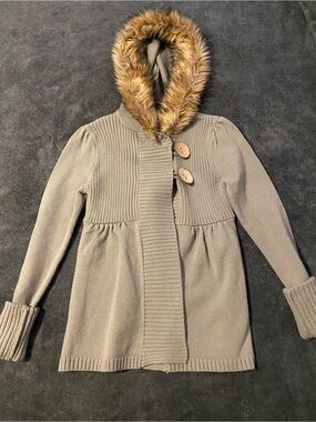 Women's Taupe Hooded Knit Cardigan with Faux Fur Trim
